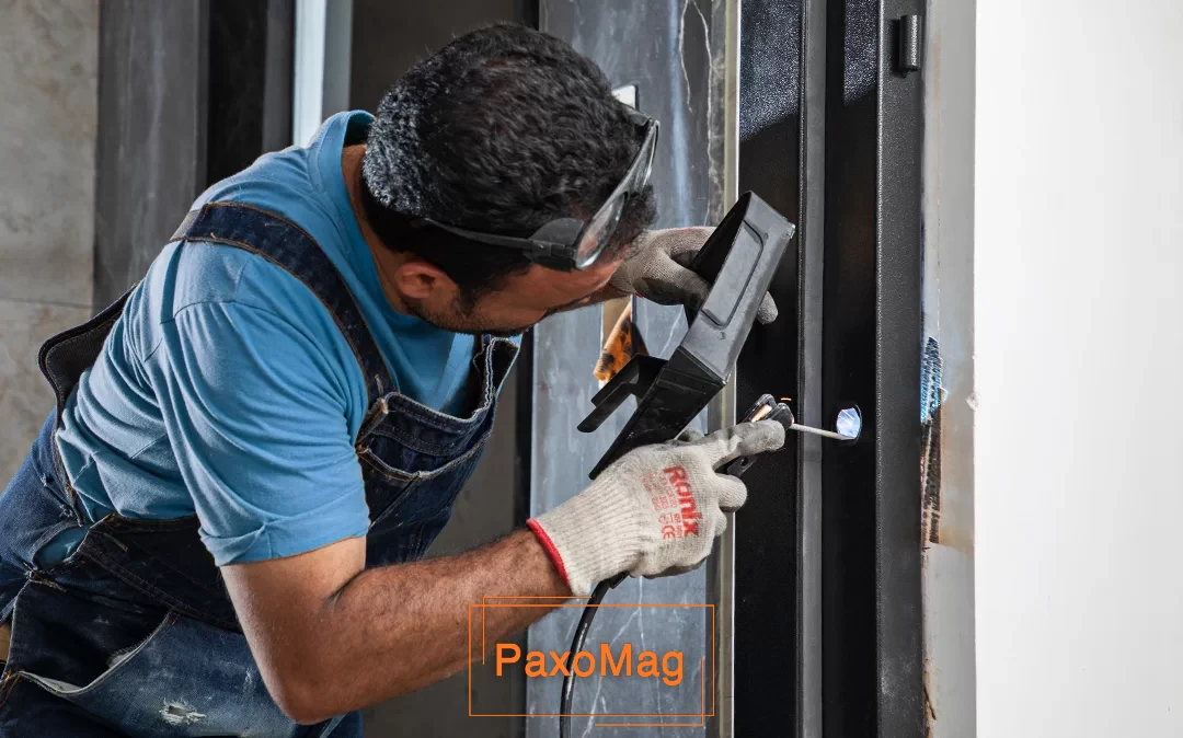 فردی در حال نصب چهارچوب درب ضد سرقت به روش خال جوش
